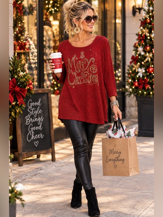 Wishing You a Very Magical Season Sweaters - Magical Season XL Merry Christmas Gold beaded Red Holiday Tunic Top